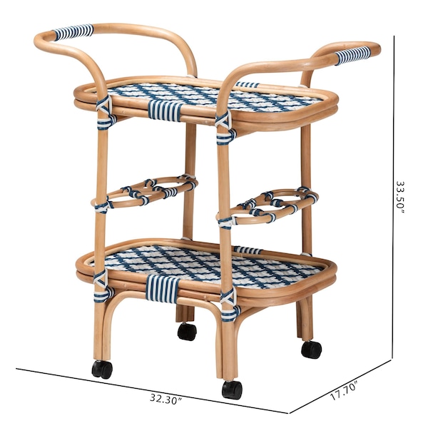 Bali And Pari Chasca Modern Bohemian Blue And White Weaving And Natural Rattan Wine Cart